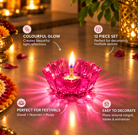 FestivaGlow Reflection Diya Set - Pack of 12 Pcs