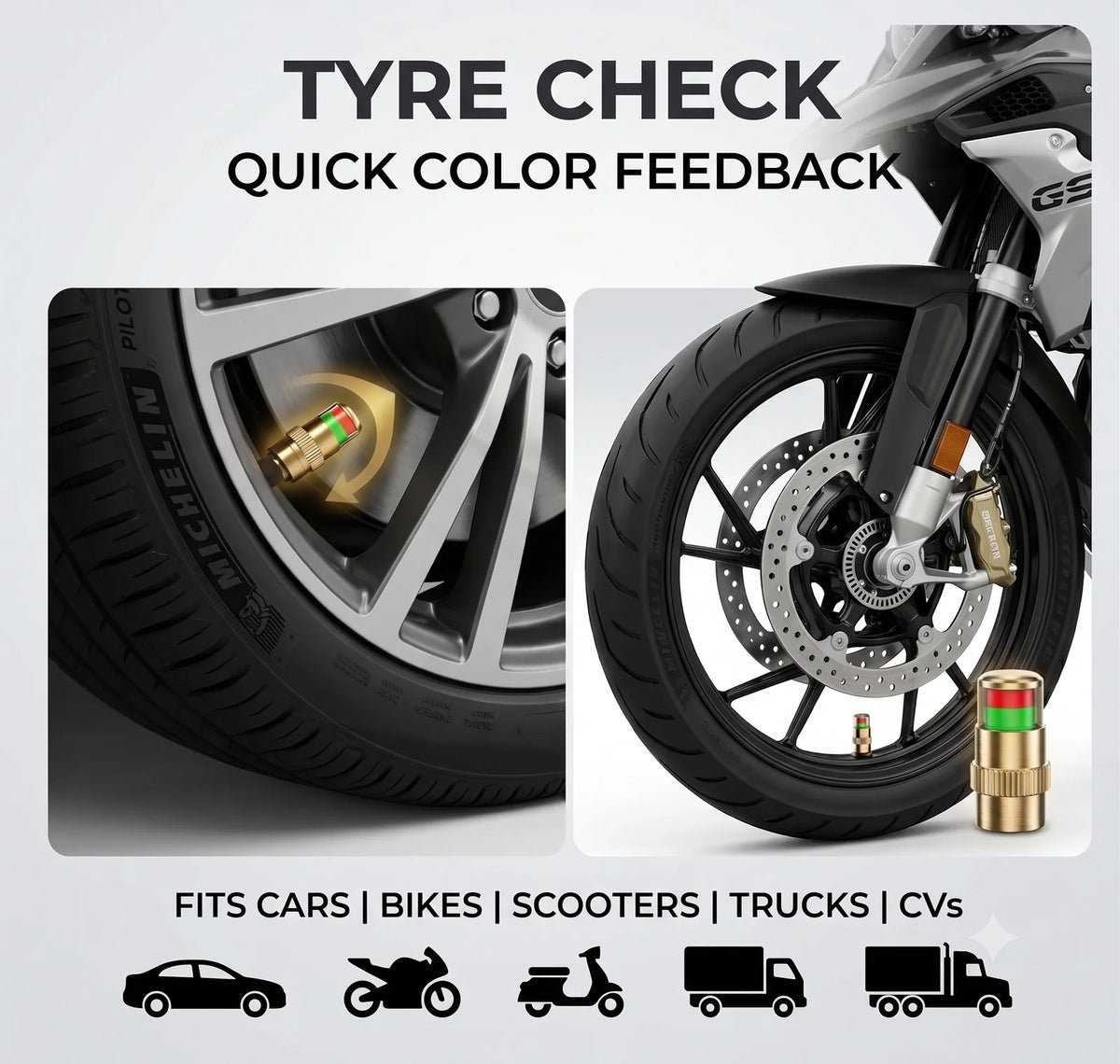 TyreSense™ - Tyre Pressure Valve Caps | Color Indicator | Pack of 4 | Cars & Bikes